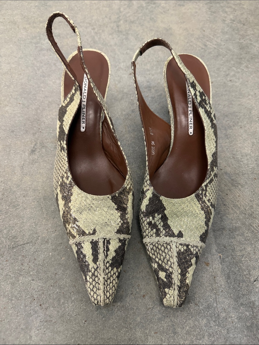 Donald J. Pliner Beige and Brown Snake-Print Slingback Pumps